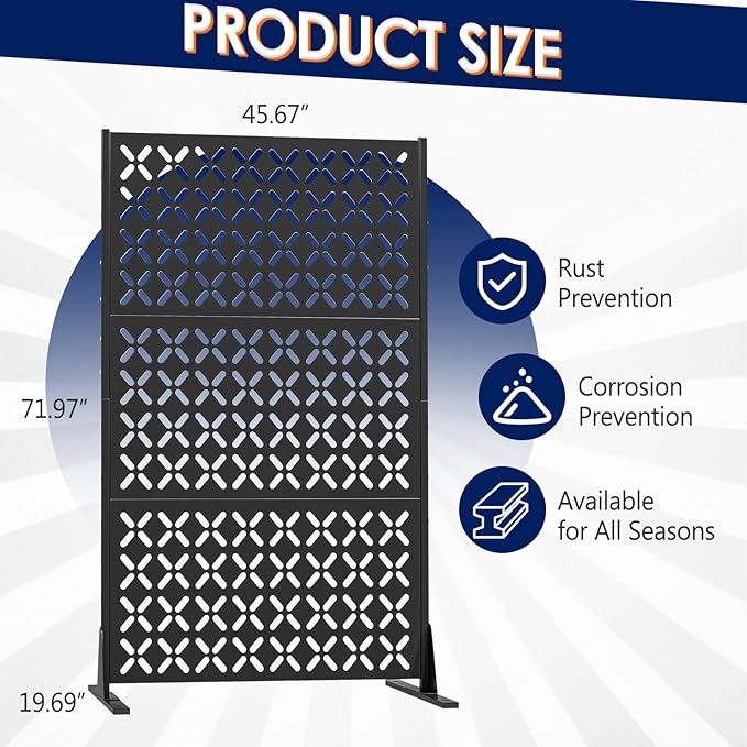 Metal Privacy Screen Outdoor, 72" H Freestanding Privacy Fence with Sturdy Stands, Decorative Privacy Panels Shield for Courtyard, Balcony, Garden and Other Indoor Places(X-Shaped-Fence)