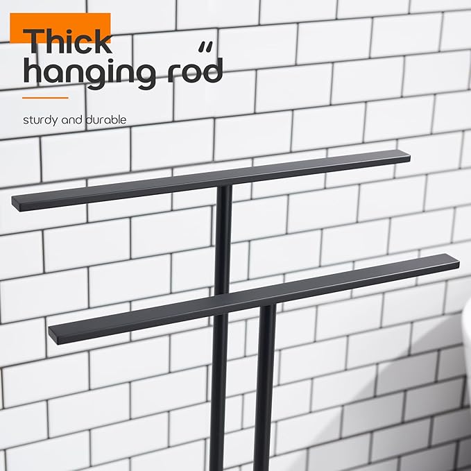 Free Standing Towel Racks Matte Black 2-Tier Towel Holder for Bathroom Floor Stand with Heavy Marble Base Thicken Steady Design Stainless Steel AN7001MB