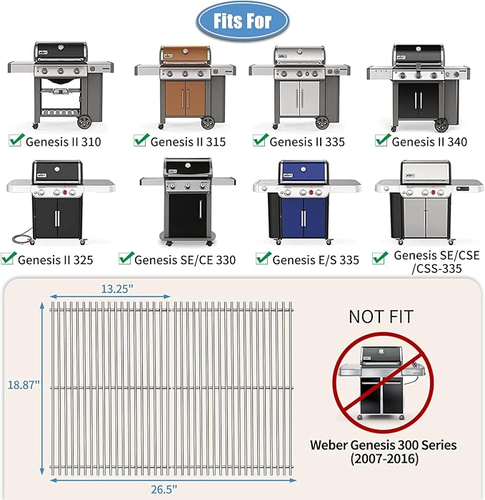 18 7/8" SUS304 9mm Cooking Grates for Weber Genesis II Grill Parts E&S 310 315 320 325 340, 2 Pack 66095 Grill Parts for Weber Grill Grate Genesis II LX 300 Series