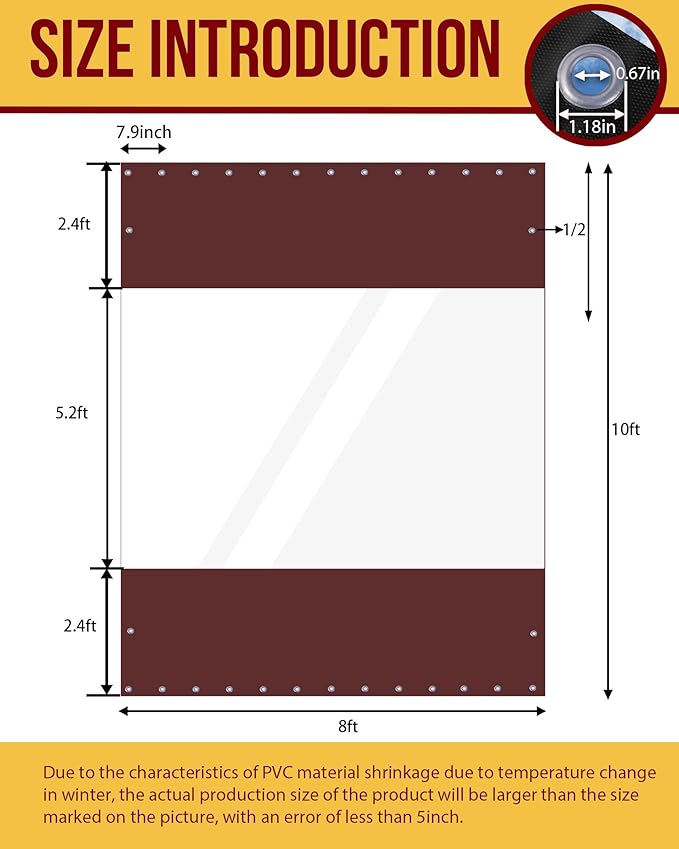 FoundGo 10'Hx08'W Vinyl Curtains for Patio,19oz Outdoor Clear Vinyl Patio Enclosure,Heavy Duty Clear Tarps Waterproof Vinyl Tarp with Grommets for Pergola, Porch,Gazebos,Balcony,-4℉ Cold Resistant
