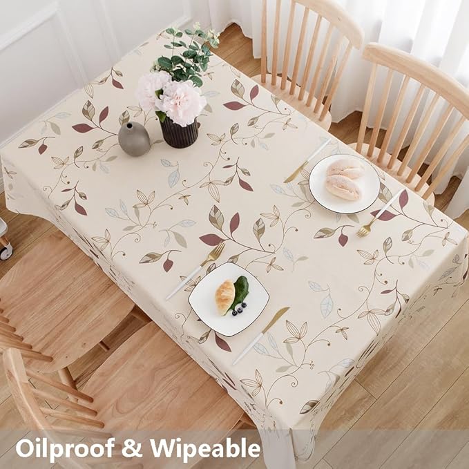 TruDelve Heavy Duty Vinyl Tablecloth Beige Plastic Table Cloth Waterproof Wipeable Oilcloth Plastic Tablecloths for Rectangle Tables (54'' x 108'', Leaves)