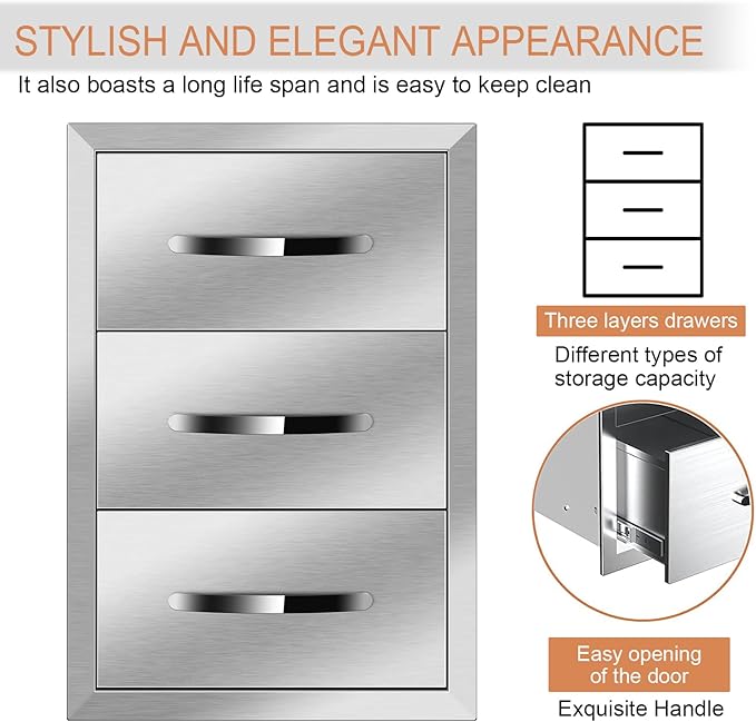 Outdoor Kitchen Stainless Steel Triple Access BBQ Drawers With Handle For BBQ Island Patio Grill Station,Three Drawers