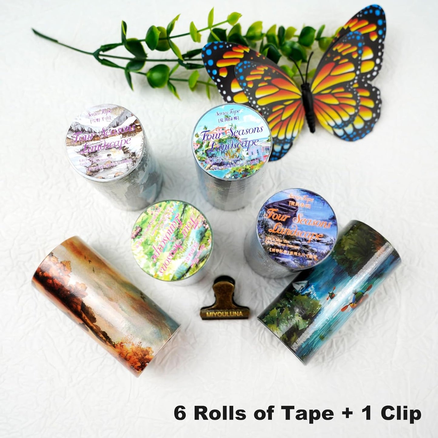 6 Rolls Seasons Landscape Washi Tape Set, 3.15in Large Nature Sticker Tape with Clip for Journaling, Scrapbooking, Planner Decoration, DIY Crafts and Art Projects