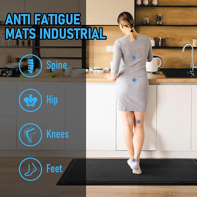 3 x 6 FT Anti Fatigue Mats Industrial 15/16 Inch Thick Soft Sponge Ergonomic Mat Durable Heavy Duty Diamond Plate for Standing Non Slip Industrial Grade Floor Mat for Leg & Back Pain (Black)