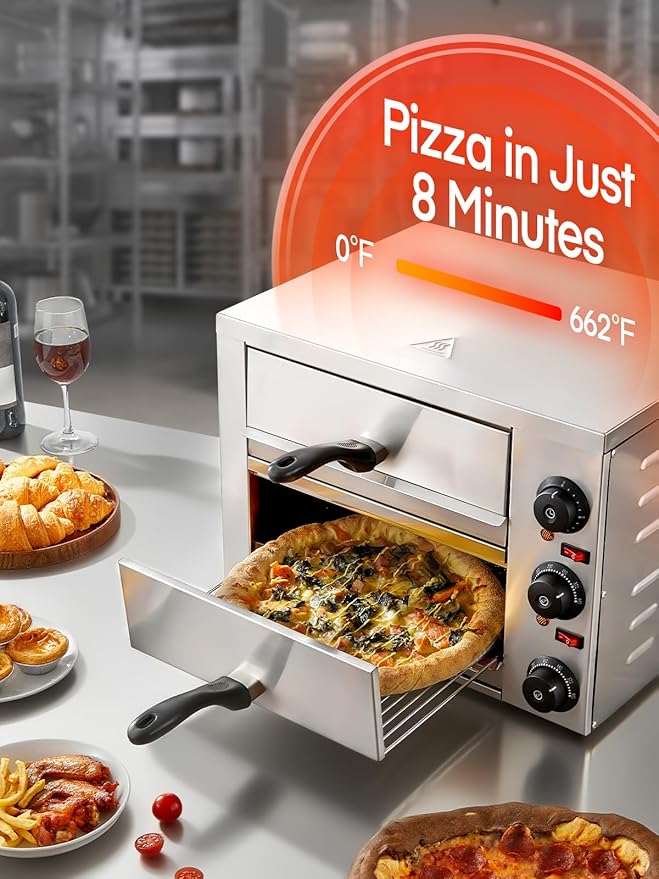 12 Inch Commercial Pizza Oven, Countertop Pizza Ovens with 662°F Max Temp, 2-Layer Electric Pizza Cooker with Alert Timer, 2200W Stainless Steel Pizza-Maker Machine, for Restaurant,Home, Party