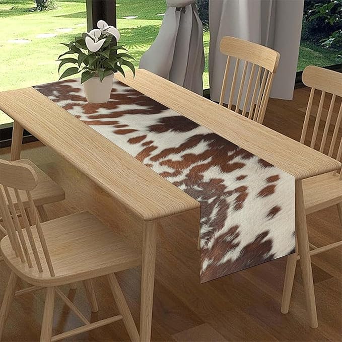 Cow Print Table Runner, Brown Cowhide Print Western Style Table Runner Country Farmhouse Cottage Cow Pattern Linen Table Decoration for Home Kitchen Dining 13x90
