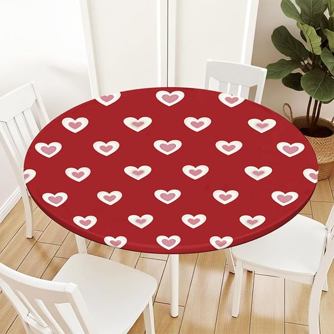 Valentines Day Round Fitted Tablecloth with Elastic Red Pink Heart Circle Table Cloth for 48-52" Round Tables Wipeable Waterproof Washable Burgundy Valentine Table Cover for Picnic Dining Party Decor