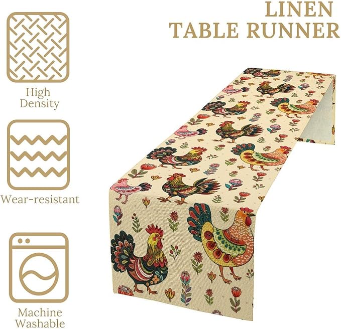 Rustic Farm Animal Table Runner, Vintage Rooster Boho Flowers Table Runner for Kitchen Dining Holiday Home Party 13x90in