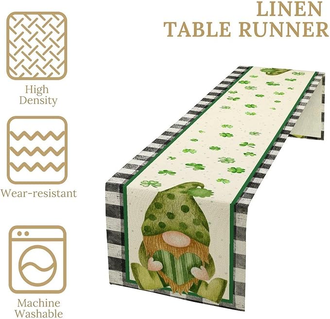 St.Patrick's Day Table Runner,Vintage Black White Plaid Green Polka Dot Gnome Shamrock Seasonal Spring Table Center Decor for Home Kitchen Dining Patio Party Indoor Decorations, 13"x36"