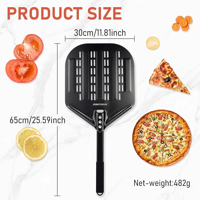 Perforated Pizza Peels 6 INCH pizza spatula paddle Long Handle Metal Pizza Spatula for Indoor and Outdoor (12 Inch Black)
