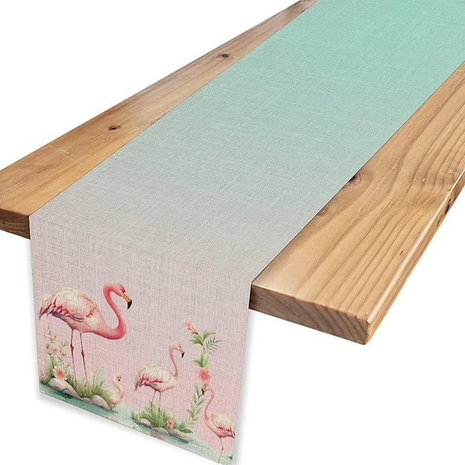 Flamingo Table Runner,Teal Pink Flamingo Family with Flowers Grass Watercolor Style Table Center Decor for Family Kitchen and Living Room Outdoor Farmhouse Party Table Decorations, 13"x90"