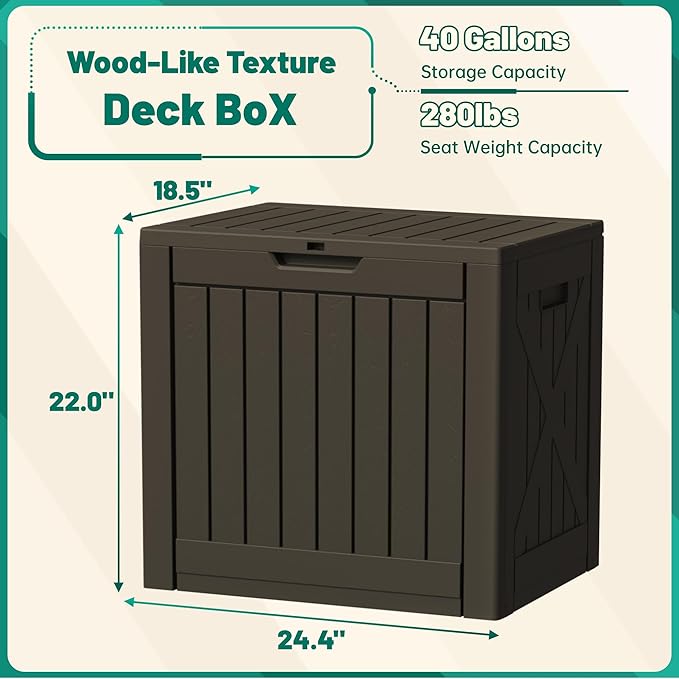 Devoko 40 Gallon Deck Box Outdoor Storage Box Waterproof for Patio, Large Outdoor Storage Bench Lockable for Outside (Deep Brown, 40 Gallon)