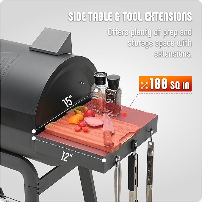 BBQ Charcoal Grill with Side Table, 30-In Heavy Duty Outdoor BBQ Grill with 647 Sq. In Cooking Area for Outdoor Barbecue in Backyard, Patio and Parties, Black