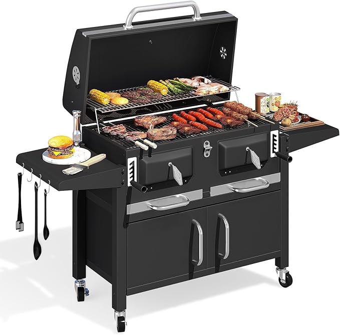 MELLCOM Charcoal Grills, 36 In Large BBQ Grill with Storage Cabinet, 620 Sq.In Oversized BBQ Area, Individual Lifting Charcoal Trays, Foldable Side Tables and Thermometer for Patio, Outdoor, Balcony