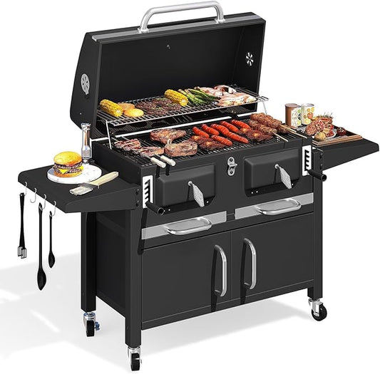 MELLCOM Charcoal Grills, 36 In Large BBQ Grill with Storage Cabinet, 620 Sq.In Oversized BBQ Area, Individual Lifting Charcoal Trays, Foldable Side Tables and Thermometer for Patio, Outdoor, Balcony