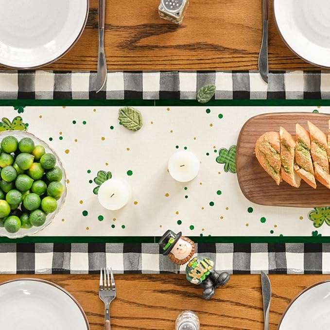 Artoid Mode Buffalo Plaid Shamrock Gnome St. Patrick's Day Table Runner, Seasonal Spring Holiday Kitchen Dining Table Decoration for Indoor Outdoor Home Party Decor 13 x 36 Inch