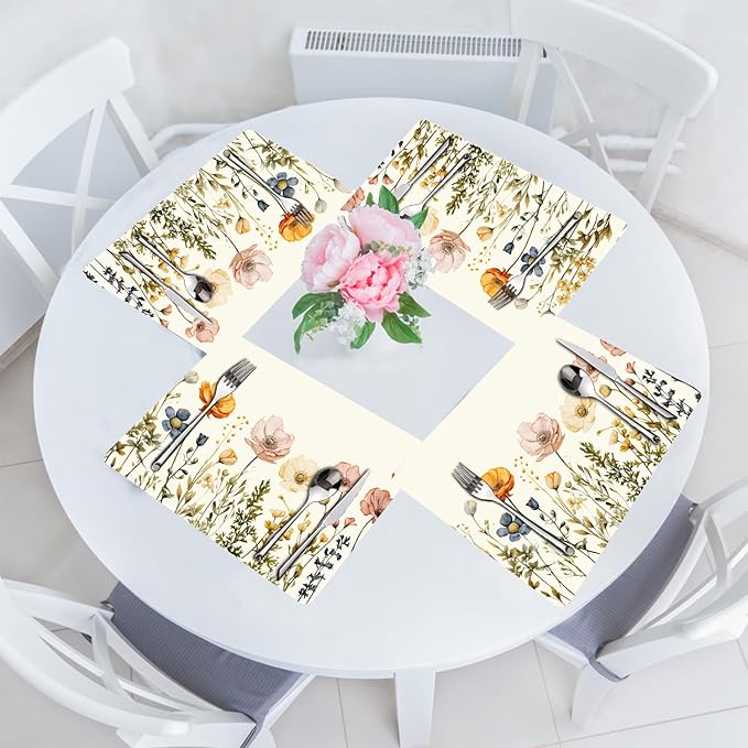 Flower Placemats Set of 4 - Spring Floral Faux Leather Heat Resistant Placemats for Dinner Table, Non-Slip Waterproof Oil-Proof Washable Reusable Placemat for Indoor Outdoor Kitchen, 15.75In*11.81In