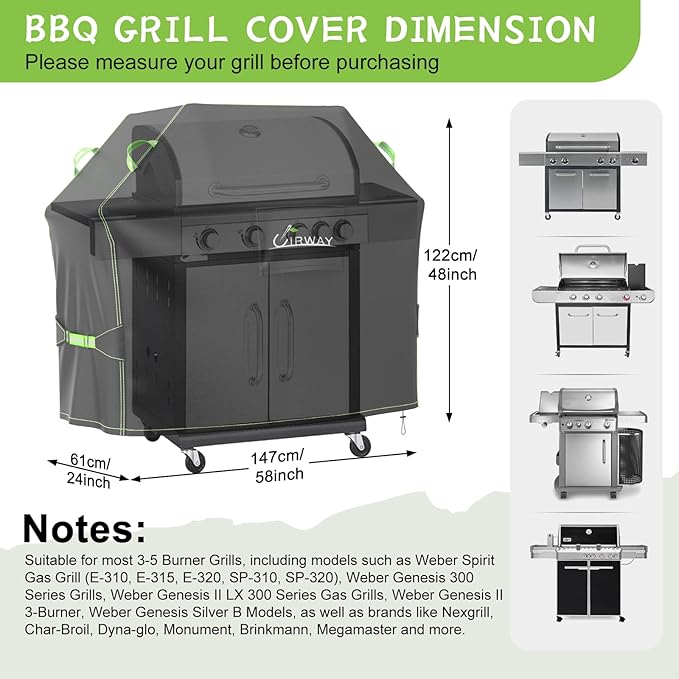 UIRWAY Gas Grill Cover 58 Inch, Waterproof, UV & Fade Resistant BBQ Grill Cover for Outdoor, Barbecue Cover with Reflective Strip and Air Vent for Weber, Dyna-glo, Char-Broil, Nexgrill, etc. Black