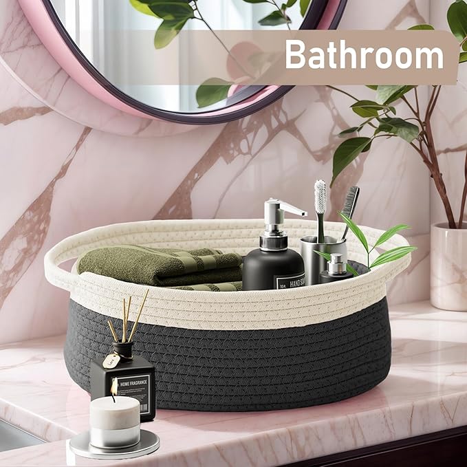 Woven Basket, Small Rope Storage Bin with Handles & Ribbon Bag, Organizer for Shelves Closets,Gift Basket Empty for Birthday,Books,Dog Toys,White&Black/2 Pack