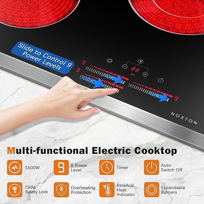 Noxton 24 Inch Electric Cooktop, 3 Burner Built-in Radiant Stove Top, Stainless Steel Frame, Dual Zone Ceramic Glass Hob, Touch Slide Control, 9 Power Levels, Timer, Child Lock, 5500W, 240V Hardwired
