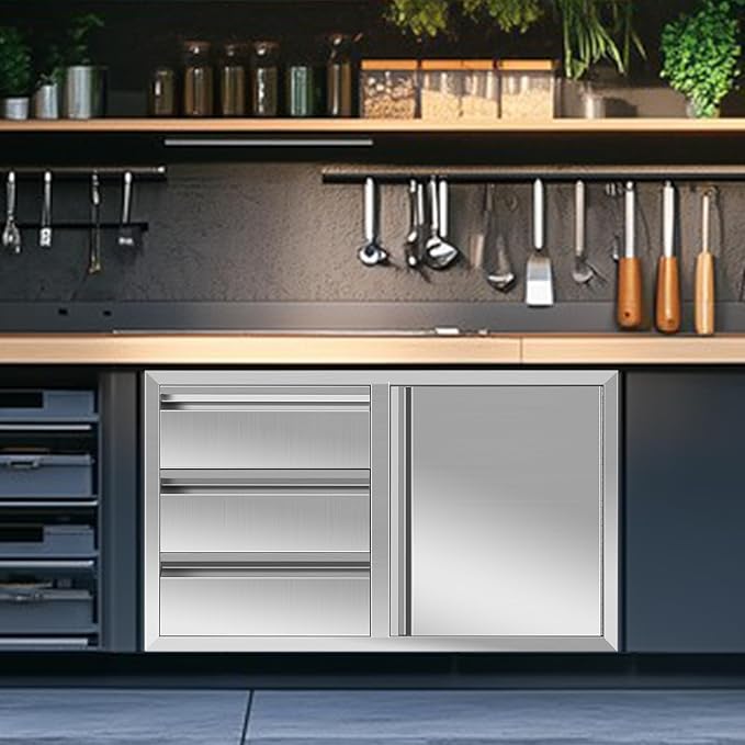 Outdoor Kitchen Drawer Combo, Stainless Steel Triple Drawers & 2 Trash Can Drawers, Enclosed Built-in Drawer Flush Mount For Outdoor Kitchens & BBQ Islands,G4