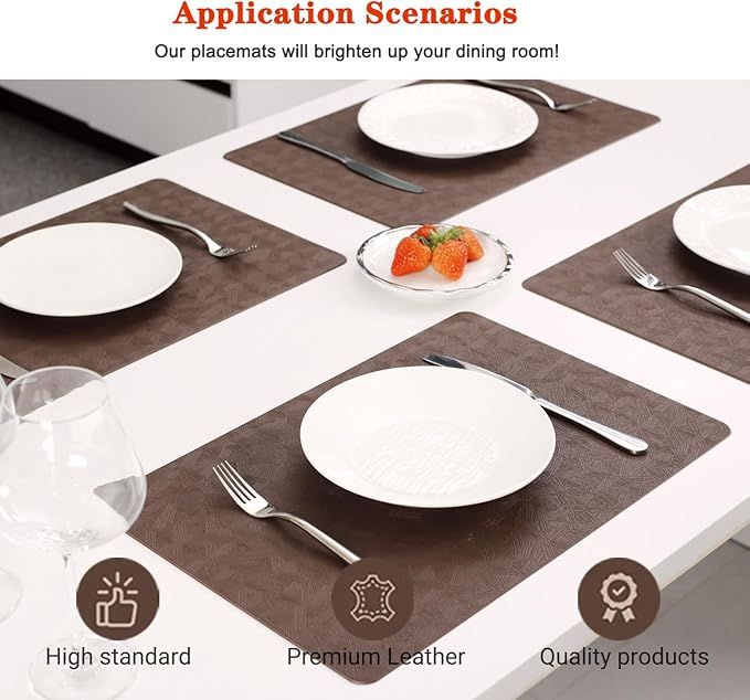 Vinyl Placemats Set of 6 Heat Resistant Easy Clean Non-Slip Place Mats for Dining Table. Faux Leather Waterproof Stain Resistant Wipeable Washable PU Table Mats(6, Brown)