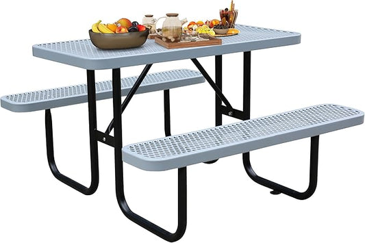 4FT Rectangular Metal Picnic Table for Outdoors, Commercial Steel Metal Picnic Tables, Heavy Duty Sturdy Picnic Tables Furniture Set for Patio Garden Courtyard BBQ, with Umbrella Hole, Grey