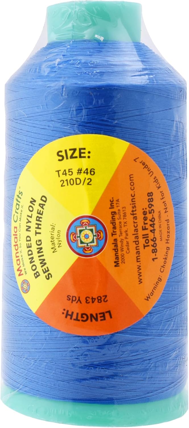 Mandala Crafts Bonded Nylon Thread Sky Blue Heavy Duty Sewing Threads - 2843 YDs Size 46 210D T45 Tex 45 Thread for Leather Jeans Weaving Outdoor Marine Upholstery Threads
