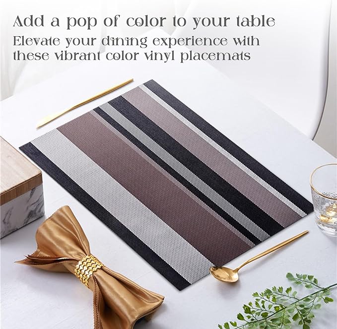 Set of 6 Colorful Striped Vinyl Placemats Heat-Resistant Washable Placemats Non-Slip Woven Table Mats Wipeable Placemat for Kitchen Dining Table Decoration Indoor Outdoor (Black&Grey)