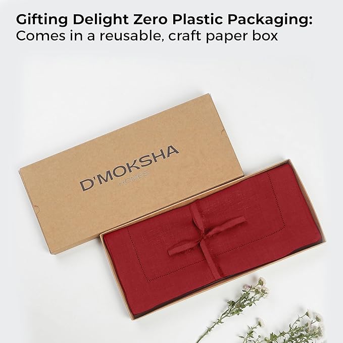 D'Moksha Homes Linen Red Table Runner 60 Inches - Classic Hemstitch, 100% Pure Linen Coffee Table Runner 14 x 60 Inch Ideal for Dresser Tables, Valentines, Spring