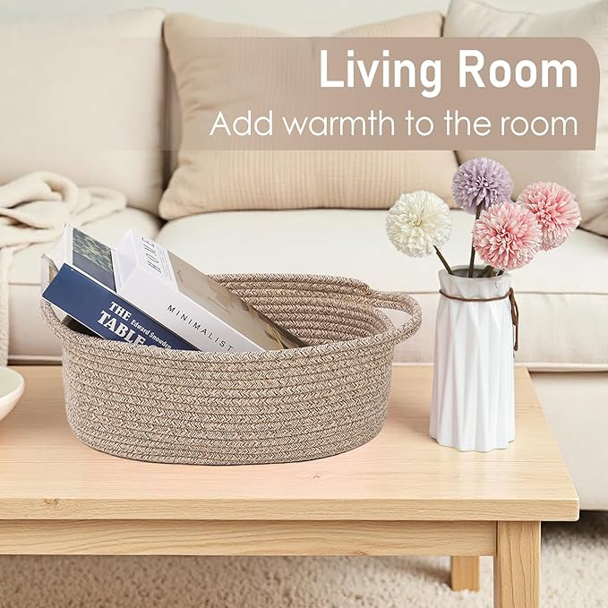 Woven Basket,Small Rope Storage Bin with Handles & Ribbon Bag, Organizer for Shelves Closets,Gift Basket Empty for Birthday,Books,Dog Toys,Oatmeal/3 Pack