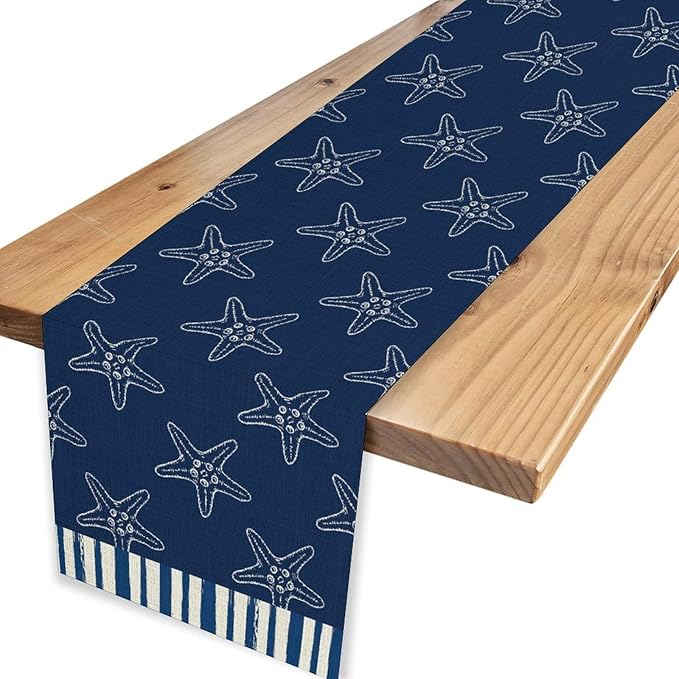 Starfish Table Runner, Summer Coastal Navy Blue Nautical Tropical Rustic Farmhouse Coffee Table Center Decor for Home Kitchen Dining Patio Holiday Party Table Decorations 13"x36"