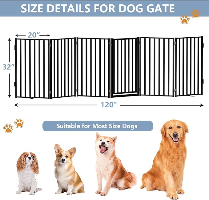 Full Metal Freestanding Dog Gates with Door, 32" Height Dog Fences for Indoor & Outdoor, Extra Wide Foldable Pet Gates for Stairs, Hallways, Doorways, Yard (6 Panels, 120" W × 32" H)