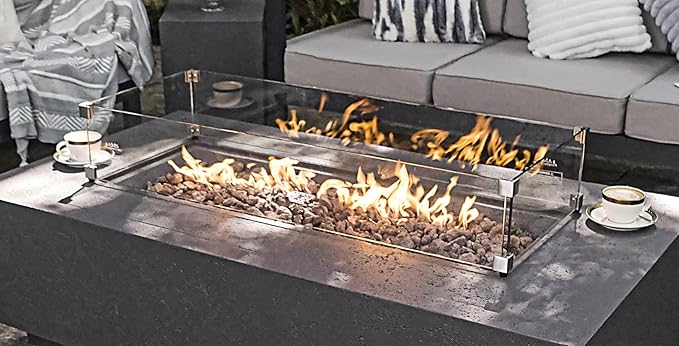 AMS Fireplace | Rectangular Fire Pit Glass Wind Guard for Madison Fire Pit (Dark Gray) | Shielded from Patio Heater Flames | Tempered Glass with Polished Edges for Safety | Fire Table Glass Shield