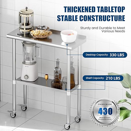 Stainless Steel Work Table with Wheels, 14x30 Inch NSF Food Prep Table with Backsplash & Adjustable Undershelf for Commercial Kitchen, Restaurant, Garage