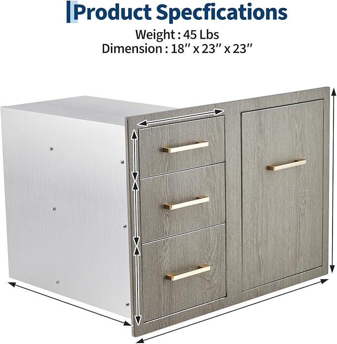 Stainless Steel Outdoor Kitchen Door Drawer Combo 29.5" W x 22.6" H x 21.7" D - Triple Drawers & Access Door, Propane Storage & Adjustable Garbage Ring, Weather-Resistant Flush Mount