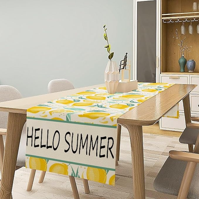 Spring Yellow Lemon Table Runner, Hello Summer Seasonal Exotic Fresh Fruits Plants Branch Leaves Print Table Cover for Farmhouse Kitchen Table Party Decor, 13x108inch