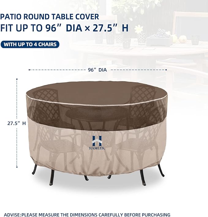 HAMLER Round Outdoor Table Cover, Heavy Duty Outdoor Table Chair Set Covers with Air Vents and Handles, Patio Table Cover Fits up to 96" D x 27.5" H, Brown & Beige