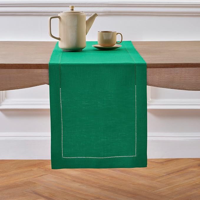 Solino Home Linen Hemstitch Table Runner 108 Inches Long - 100% Pure Linen Emerald Green Table Runner 14 x 108 Inch for St Patricks Day - Classic Hemstitch