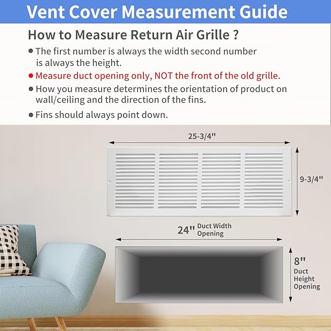 24"W x 8"H [Duct Opening Size] Steel Return Air Grille, Air Return Vent Cover for Ceiling and Sidewall - HVAC Air Vent Covers - [Outer Dimensions: 25.75"W x 9.75"H]