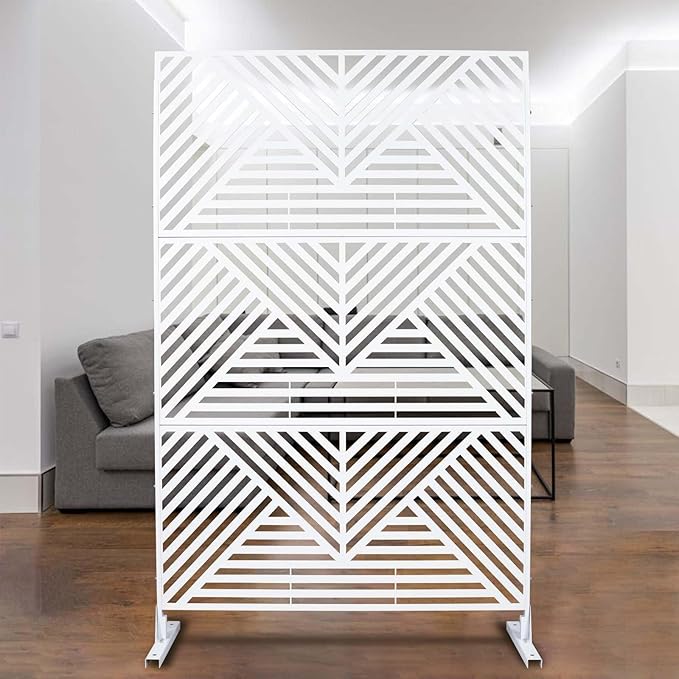 Outdoor Privacy Screen with Geometric Design – Metal Decorative Panel, Freestanding Partition, Weather-Resistant, 76"x48" for Garden, Patio, Balcony, and Yard, White