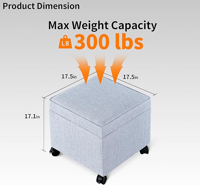 Adeco 17.5" Square Fabric Ottoman with Storage, Upholstered Cotton Linen Foot Rest, Flip Top Footstool, Small Cube Coffee Table Extra Seat for Living Room, Bedroom, Ice Blue with Rolling Legs
