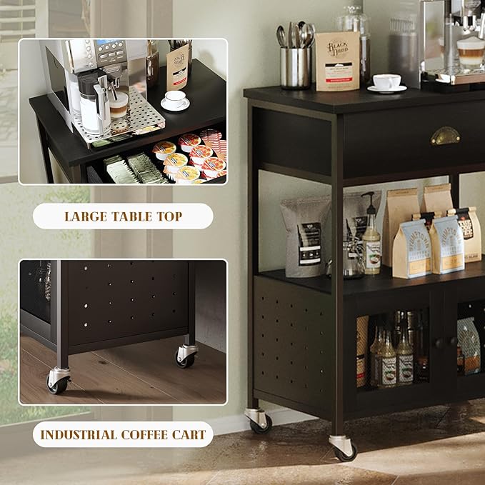Catrimown Coffee Cart Station with Storage Drawer, Small Microwave Stand with Storage Cabinet, Coffee Stand Station, Rolling Island Cart for Living Room, Dining Room, Kitchen, Black