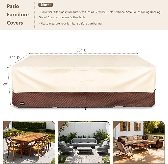 Rectangular Patio Furniture Covers,Upgraded 600D Heavy Duty Outdoor Furniture Covers Waterproof,Outdoor Sectional Dining Table and Chairs General Purpose Furniture Set Cover,88"L × 62"W × 28"H,Beige