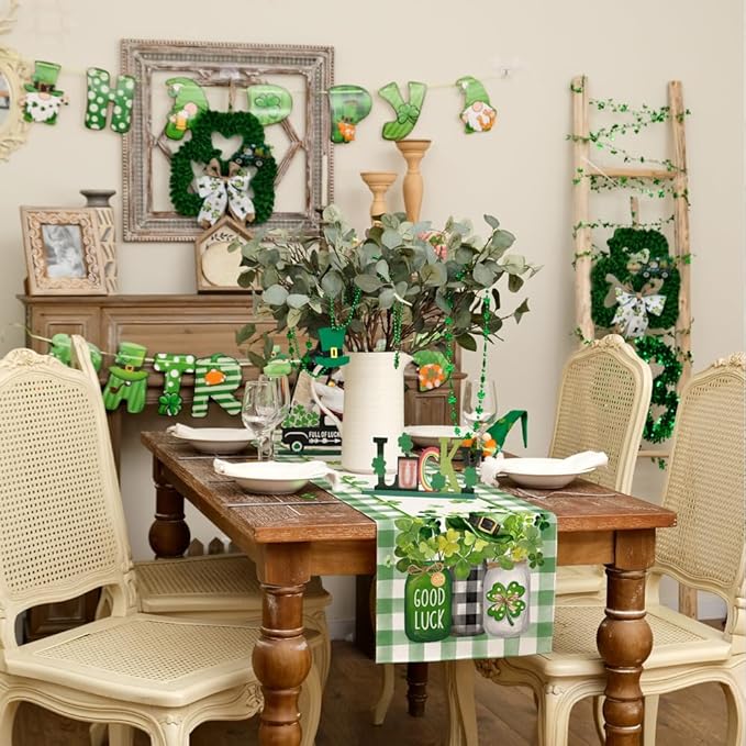 GEEORY St. Patrick's Day Table Runner 13 x 90 Inch, Shamrocks Plaid Mason Jar Decorative Holiday Table Decoration for Kitchen Dinning, Indoor Outdoor Dinner Party Décor GT142-90