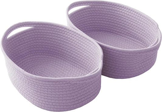 Woven Basket,Small Rope Storage Bin with Handles & Ribbon Bag, Organizer for Shelves Closets,Gift Basket Empty for Birthday,Books,Dog Toys, Purple/2 Pack