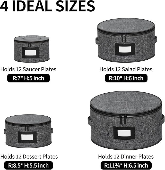Aokeyee 4 Pcak China Storage Containers, Hard Shell Plates Storage Box with 48 Soft Divider for Saucer, Dessert, Salad, Dinner, Sturdy Quilted Stackable Dish Organizer for Moving & Protection, Grey
