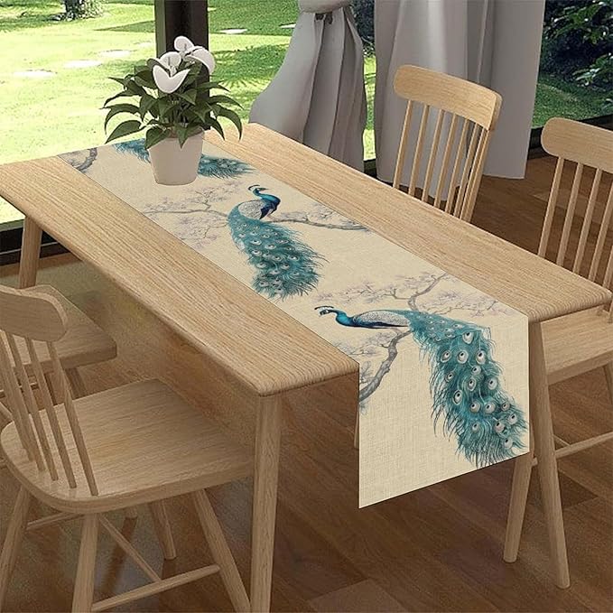 Peacock Table Runner,Retro Rustic Traditional Chinese Style Blossom Branch Table Runner Decor for Home Kitchen Dining Patio Holiday Party Indoor Table Decorations, 13"x108"