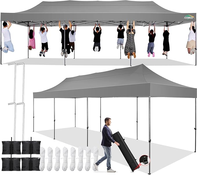 COBIZI 10x30 Pop up Canopy Tent 10x30 Canopy No Sidewall Waterproof Heavy Duty Commercial for Parties Outdoor Garden Gazebo Tent, Carry Bag with Wheel(10x30ft No Sidewalls, Gray)