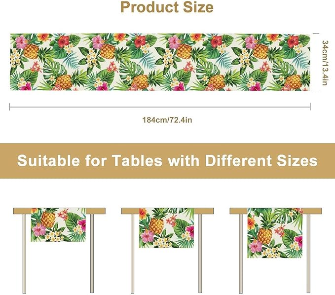 Summer Pineapple Table Runner, Tropical Palm Leaves Flowers Fruit Table Runner for Kitchen Dining Party Holiday Home 13x120in